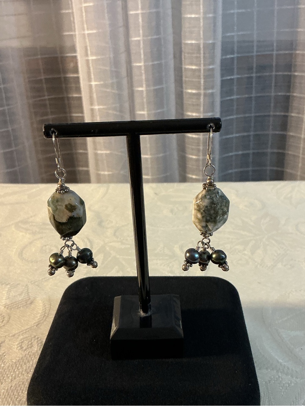 Genuine Moss Agate & Genuine Pearl Silver Tone Drop Earrings